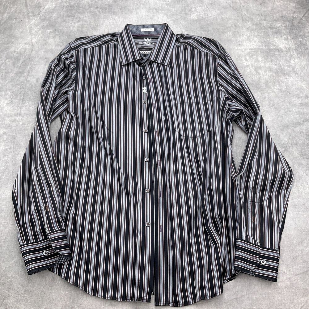Bugatchi Uomo Shirt Men Large‎ Blue Brown Stripe Shaped Fit Contrast Classic